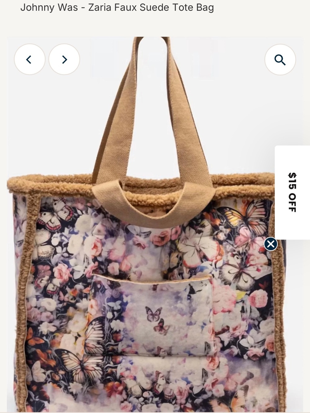 NWTJohnny Was Floral Butterfly Faux Suede Tote in Tan and Multi(reversible)